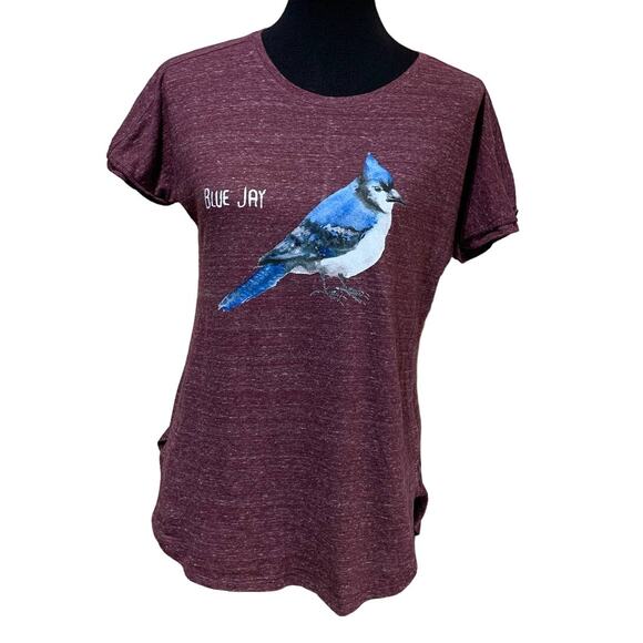 Hand Printed Upcycled Womens Medium Watercolor Blue Jay Bird Crew Neck Tee - Picture 1 of 4